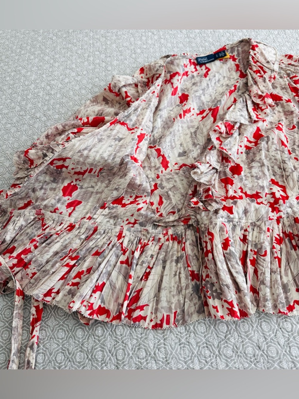 POLO RALPH LAUREN Evee Ruffled Floral Cotton Voile Wrap Top Red Gray Size S - Picture 12 of 14